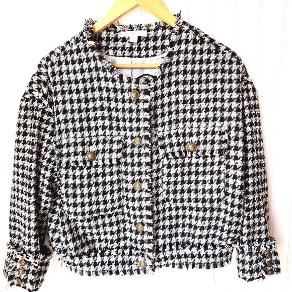 C. Established 1946 Womans Jacket Houndstooth Pattern Fringe Trim Size M Blk/Wht - Picture 2 of 11
